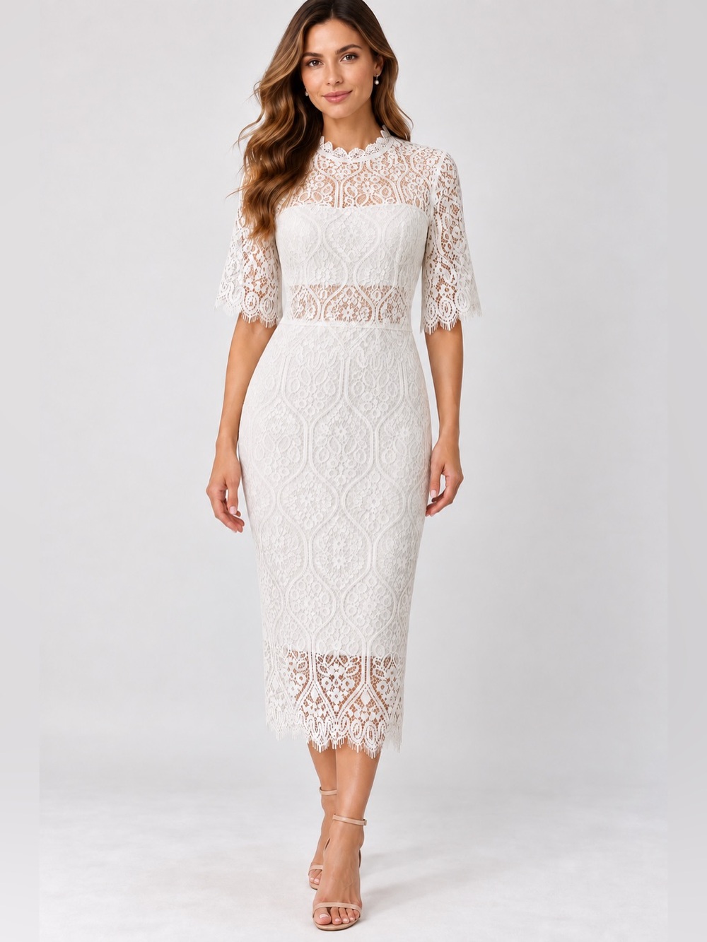 Lulus White Lace Midi Dress Size L High Neck Sheath Wedding Bridal Shower